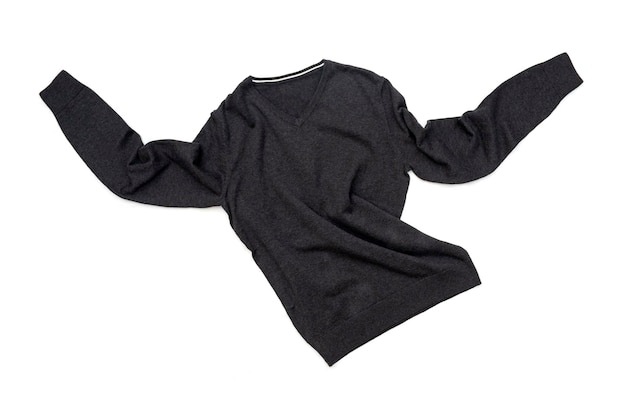Casual pullover maglione grigio sgualcito isolato su bianco vista dall'alto