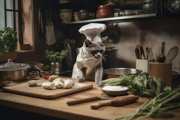 Cat chef che monta una tempesta in una cucina che prepara un delizioso pasto con ingredienti freschi