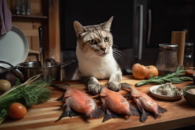 Cat chef che prepara deliziosi banchetti di pesce ed erbe fresche