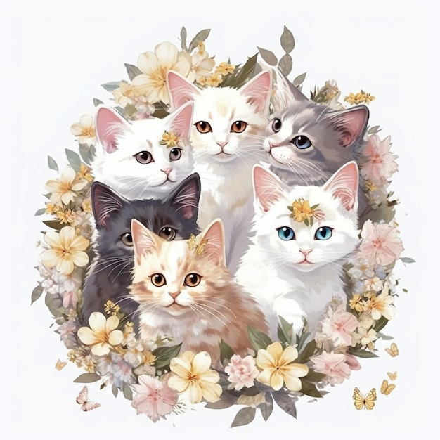 Cat clipart Gatti floreali su uno sfondo bianco carino gattini pet