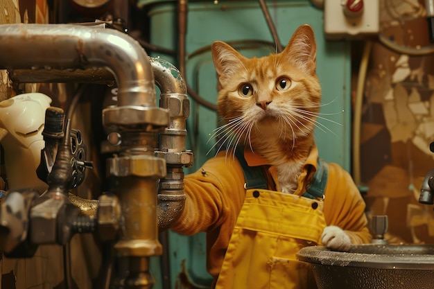 Cat Plumber Handsome Positive Sanitary Technician Cat Cat Reparation Plumbing Sink Installation