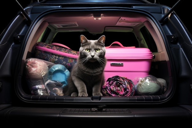 Cat sitting auto bagagliaio pronto per il viaggio Viso carino Genera Ai