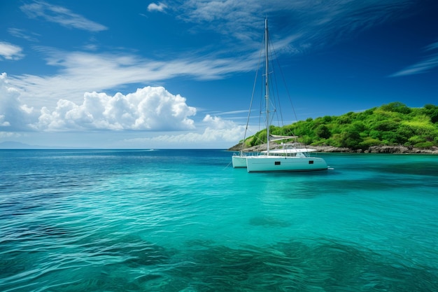 Catamarano bianco sull'acqua azzurra contro il cielo blu bellissima isola verde sullo sfondo