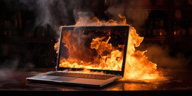 Catastrofe informatica rappresentata da un laptop che brucia e fuma ferocemente