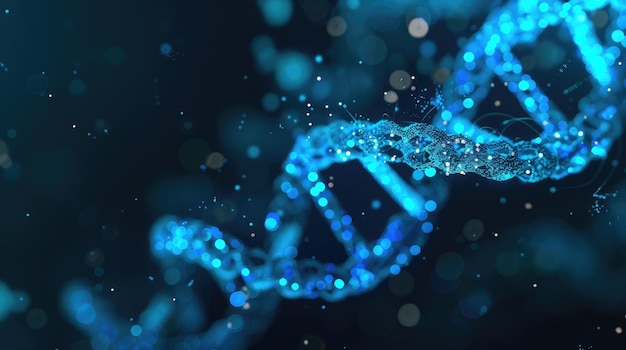Catena di DNA blu elettrico su sfondo blu scuro simile a un cielo di mezzanotte