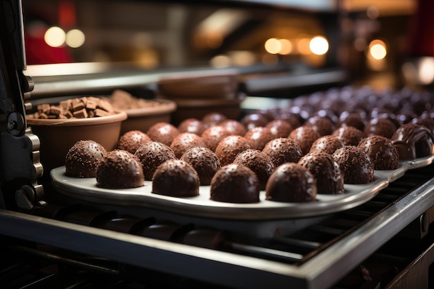 Catena di montaggio cioccolatosa che produce dolci delizie