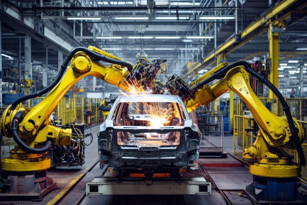 Catena di montaggio con auto lavorata dalla macchina in fabbrica IA generativa