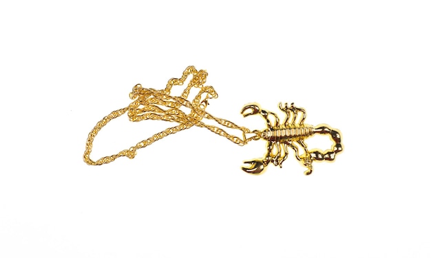 catena dorata con scorpione isolato su sfondo bianco