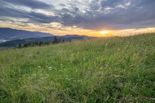 Catena montuosa e prato sulla superficie del tramonto con le nuvole