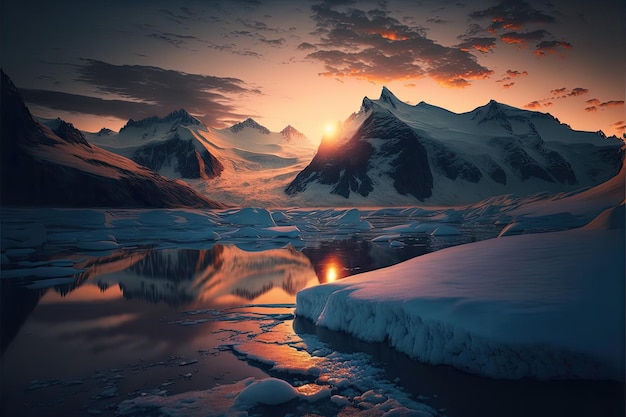 Catena montuosa innevata con ghiacciai al tramonto paesaggio atmosferico creato con l'intelligenza artificiale generativa