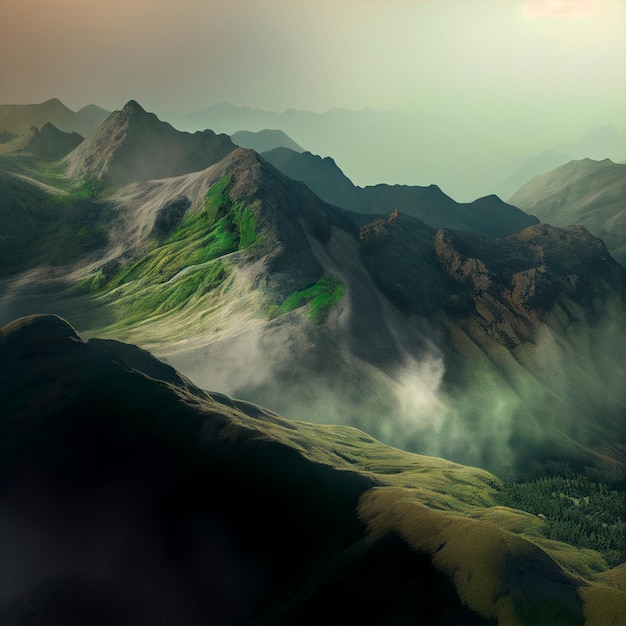 Catena montuosa verde Paesaggio di montagne nebbiose