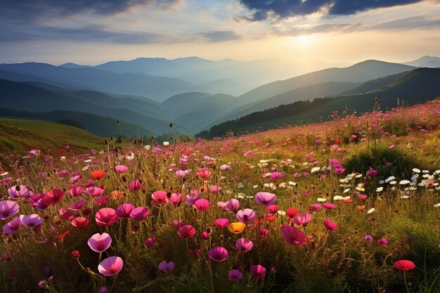 Catene montuose con macchie di fiori selvatici colorati in fiore