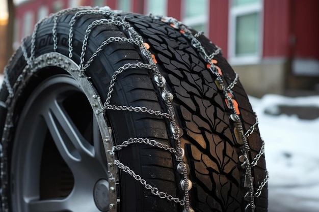 Catene per pneumatici su pneumatici invernali pronte per strade ghiacciate create con l'IA generativa