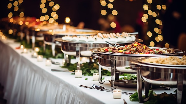 Catering buffet cibo al chiuso in ristorante con carne frutta colorata verdura e pasti