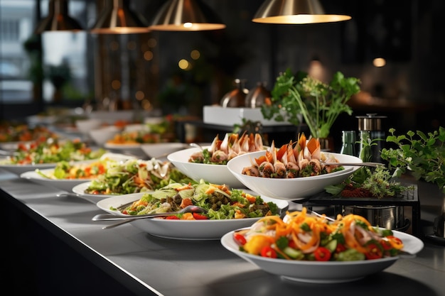 Catering buffet su un lungo tavolo in un ristorante d'albergo