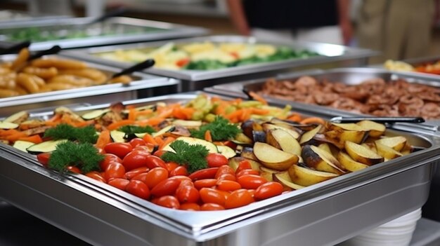 catering cibo a buffet al coperto nel ristorante con carne, frutta e verdura colorata