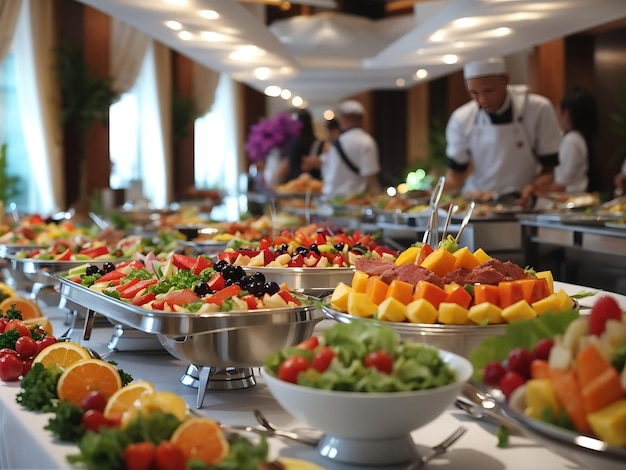 Catering di gruppo a buffet al coperto in un ristorante di lusso con carne, frutta e verdura colorata