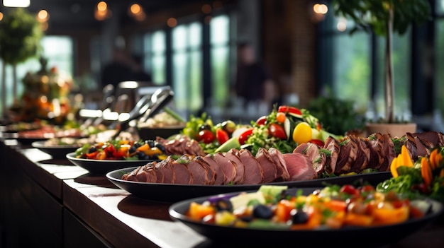 Catering pasti a buffet nel ristorante con insalate di carne e verdure vari piatti deliziosi in albergo