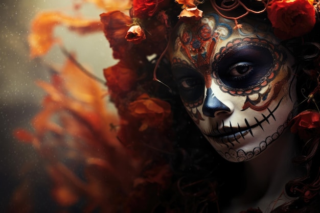 Catrina con il trucco dei morti e il cappello di fiori