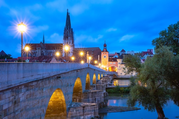 Cattedrale del ponte di pietra di notte e vecchia città di regensburg baviera orientale germania