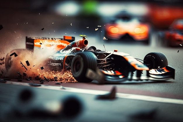 Cattura del relitto principale di un'auto da corsa f1 ad alta velocità mediante l'angolazione della telecamera tiltshift