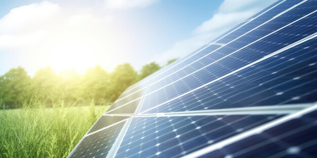 Cattura di pannelli solari ad energia verde in un campo lussureggiante