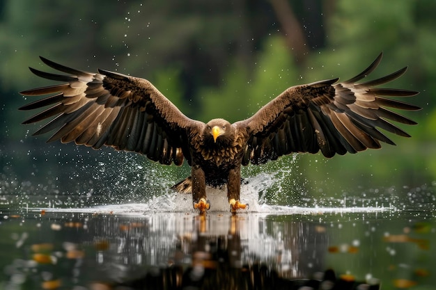 Cattura dinamica di un'aquila con le ali spalancate che sta per atterrare graziosamente su una superficie d'acqua tranquilla