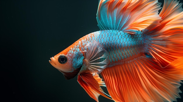 Cattura il momento in movimento del pesce siamese rosso-blu che combatte isolato su uno sfondo nero