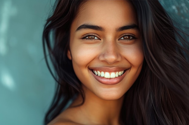 Cattura il sorriso radioso di una giovane donna asiatica indiana ideale per la pubblicità dentale
