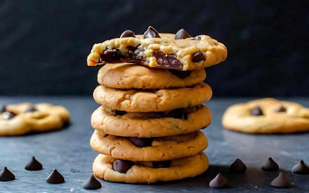 Cattura l'essenza dei biscotti con gocce di cioccolato in uno scatto fotografico appetitoso sul cibo