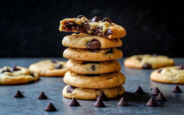 Cattura l'essenza dei biscotti con gocce di cioccolato in uno scatto fotografico appetitoso sul cibo