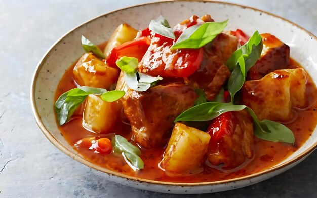 Cattura l'essenza del maiale dolce e acido in una foto di cibo appetitoso