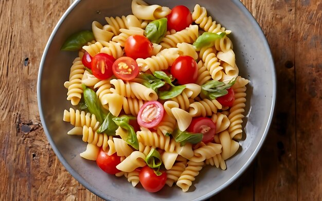 Cattura l'essenza dell'insalata di pasta in un'affascinante foto di cibo