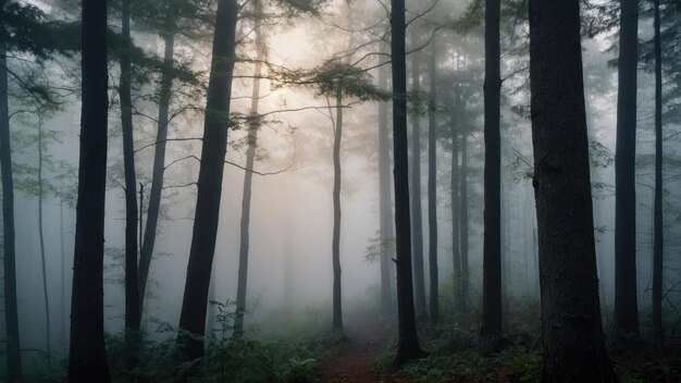 Cattura la bellezza eterea di una mattina nebbiosa in una foresta nebbiosa