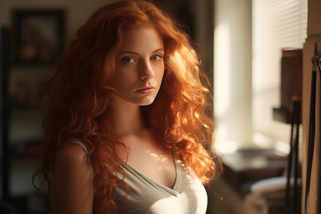 Cattura la bellezza intrinseca di una donna dai capelli rossi con i capelli lunghi ricci alla luce del sole a casa