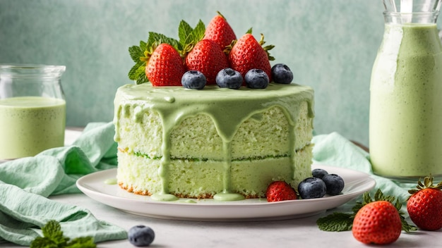 Cattura la freschezza di una deliziosa torta di crema verde su un piatto bianco incontaminato contro un whi pulito