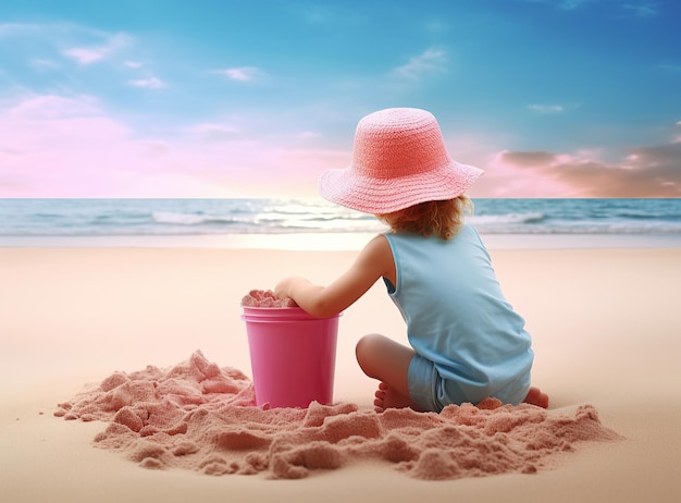 Cattura la gioia di una bambina carina mentre gioca con la sabbia sulla spiaggia