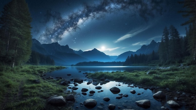 Cattura la mistica della notte in una foto di un paesaggio naturale Mostraci la serena bellezza di un moonli