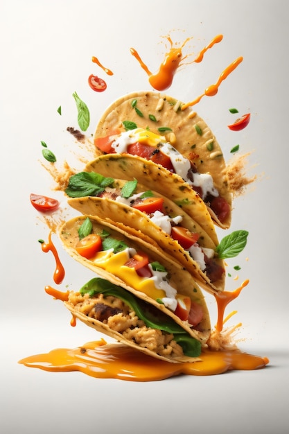 Cattura schizzi dinamici di cibo in una fotografia di cibo volante con tre tacos come soggetto principale