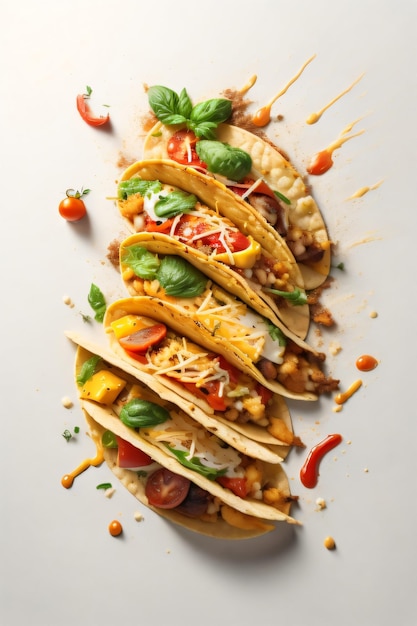 Cattura schizzi dinamici di cibo in una fotografia di cibo volante con tre tacos come soggetto principale