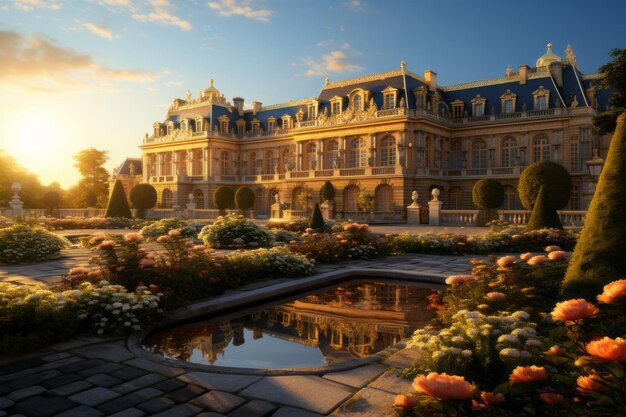 Cattura una vista grandiosa della Reggia di Versailles dai giardini meticolosamente curati