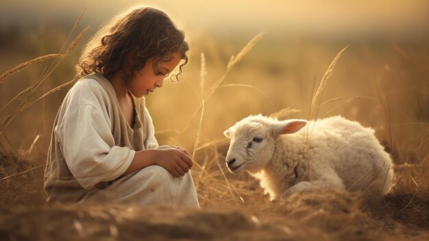 Catturando la serenità un tenero ritratto del bambino Gesù Cristo che pascola le pecore una scena affettuosa e simbolica che incarna l'innocenza la fede e il fascino pastorale della narrazione biblica