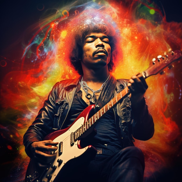 Catturare l'aura enigmatica di Jimi Hendrix Una rappresentazione fotorealistica con chitarra, birra e psichedela