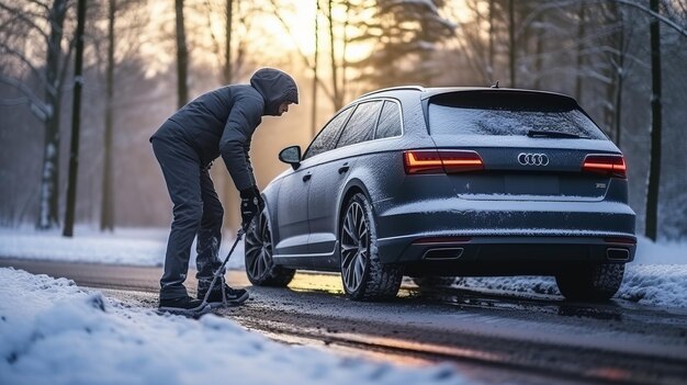 Catturare la serenità Un'affascinante scena invernale mentre un autista rimuove la neve dalla sua auto