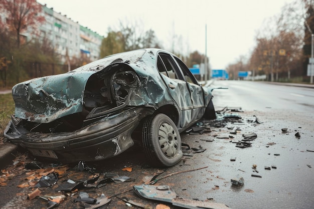 Catturare le conseguenze di un incidente stradale con un veicolo rotto evidenziando l'importanza della sicurezza stradale e della cautela