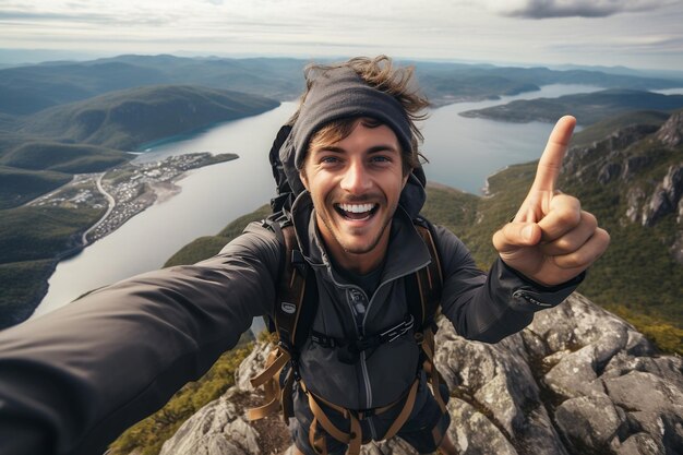 Catturare selfie in cima a un individuo maschio sul picco Ai