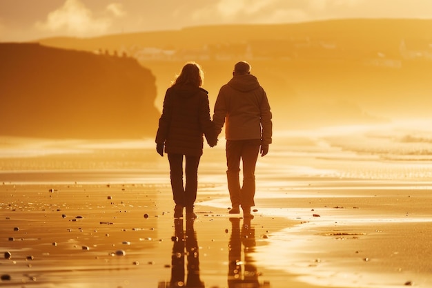 Catturare una coppia di anziani europei che si godono la pensione in spiaggia tenendosi per mano la luce dorata del sole che illumina la scena