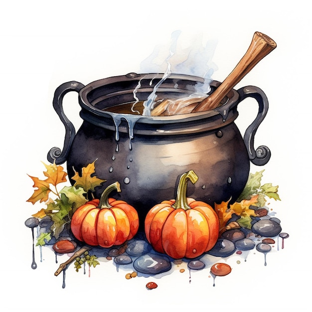 Cauldron di streghe con zucche