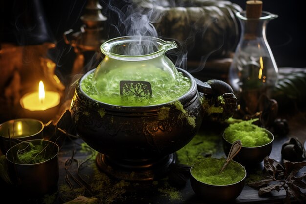 Cauldron di stregoneria con veleno verde magico generativo AI