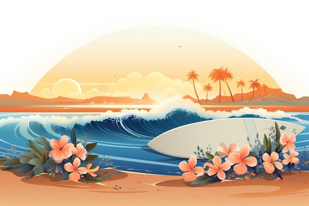 Cavalcando le onde Tavola da surf con illustrazione della spiaggia per la giornata internazionale del surf IA generativa